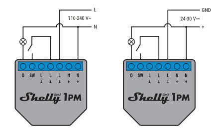 Shelly 1PM Gen3 - 1x Relais AC 110 - 240 V, DC 24 - 30 V, WiFi / Bluetooth 16 A - Energiemessung - Android / iOS App