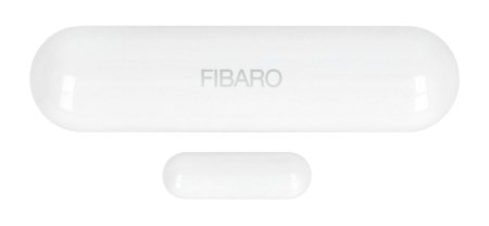 Biały czujnik otwarcia drzwi i okien Fibaro leży na białym tle.