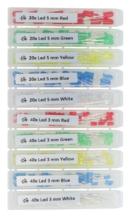 Set mit 3-mm- und 5-mm-LEDs – justPi – 300 Stück + Organizer