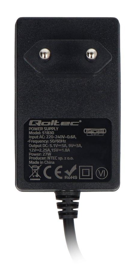 Qoltec Super Quick PD Netzteil – USB-C 27W 5,1V/5A für Raspberry Pi 5 – Schwarz