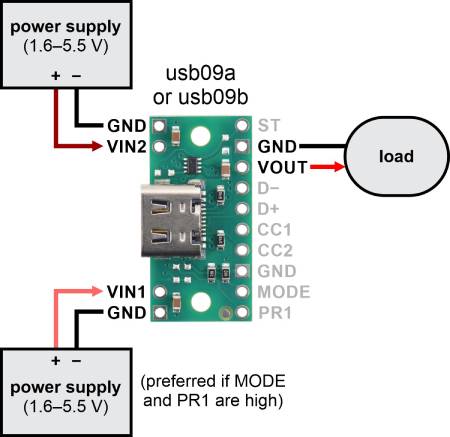 USB-Typ-C-Stromanschluss mit TPS2116-Multiplexer – usb09b – Pololu 3729