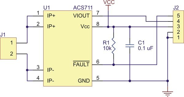 Schemat podłączenia czujnika prądu ACS711 